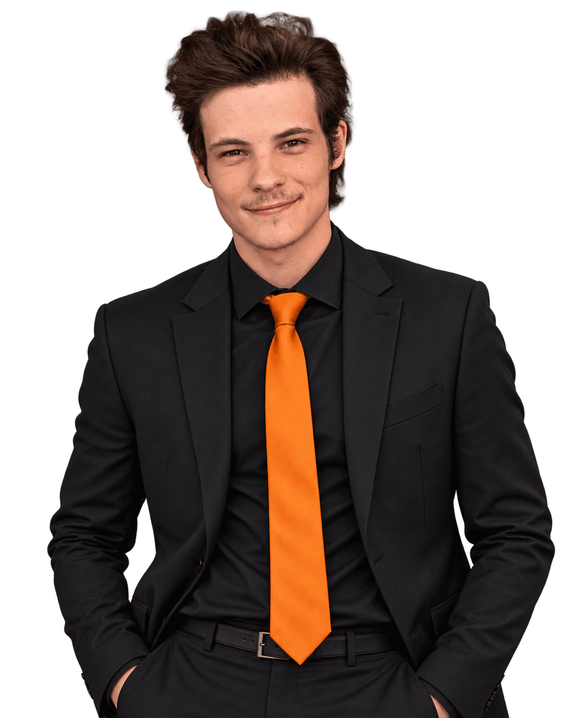SMOKLM wearing a black suit and orange tie